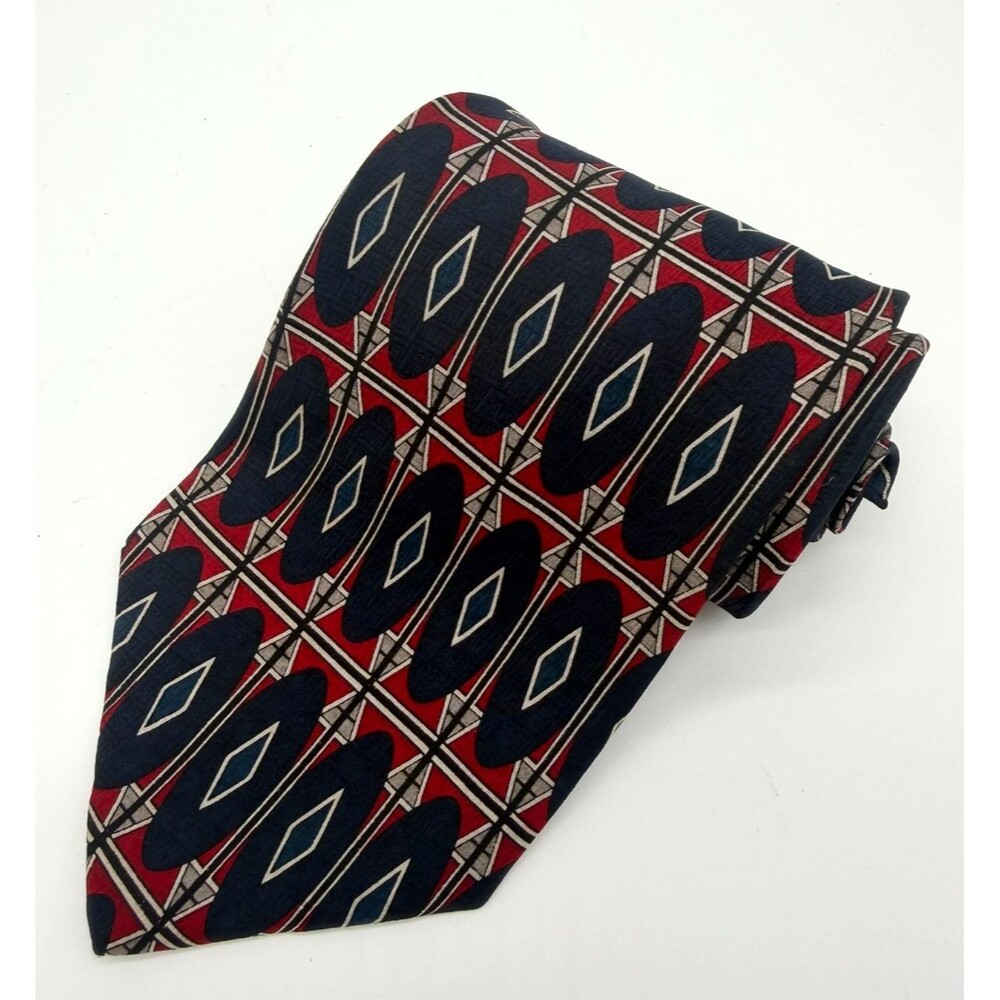 Barbara Blank New York Mens Silk Tie Red Navy Blue Oval Geo Medallion Handmade